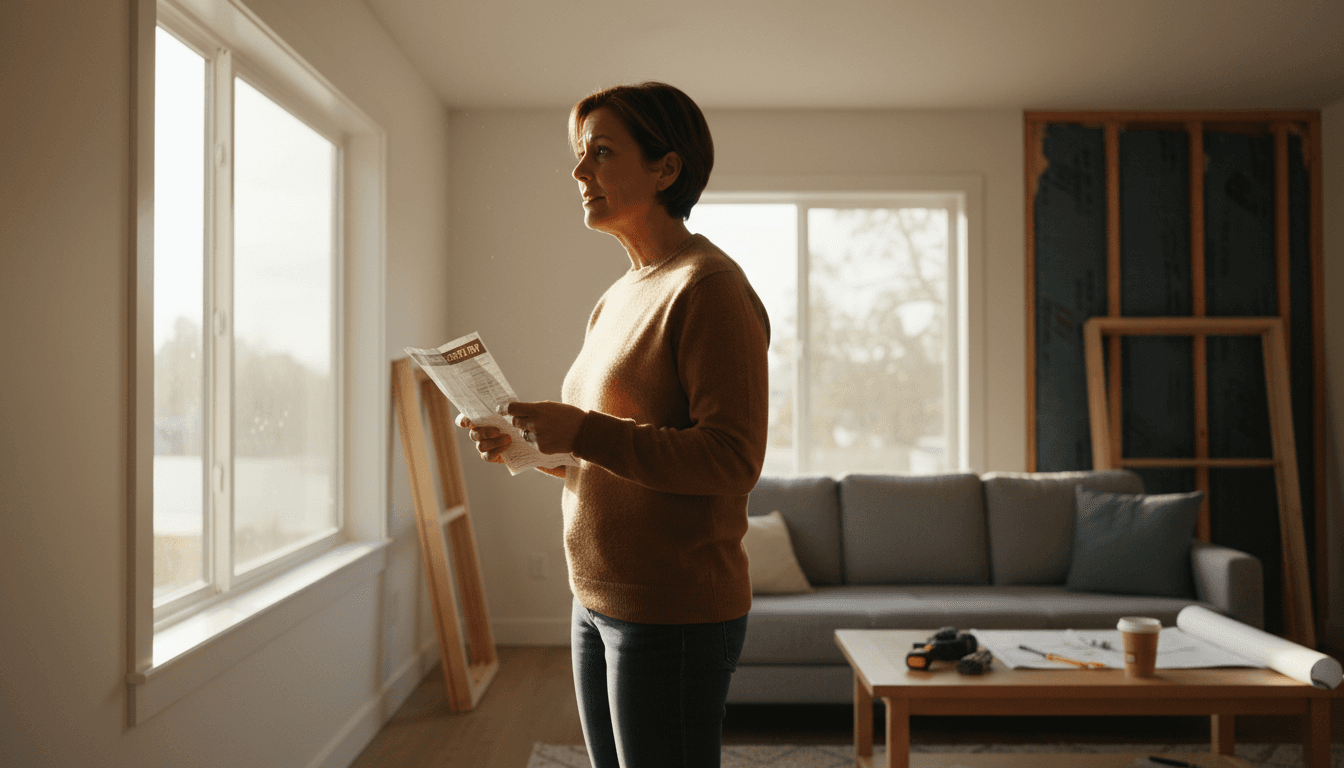 Homeowner in living room considering home energy improvements with natural light