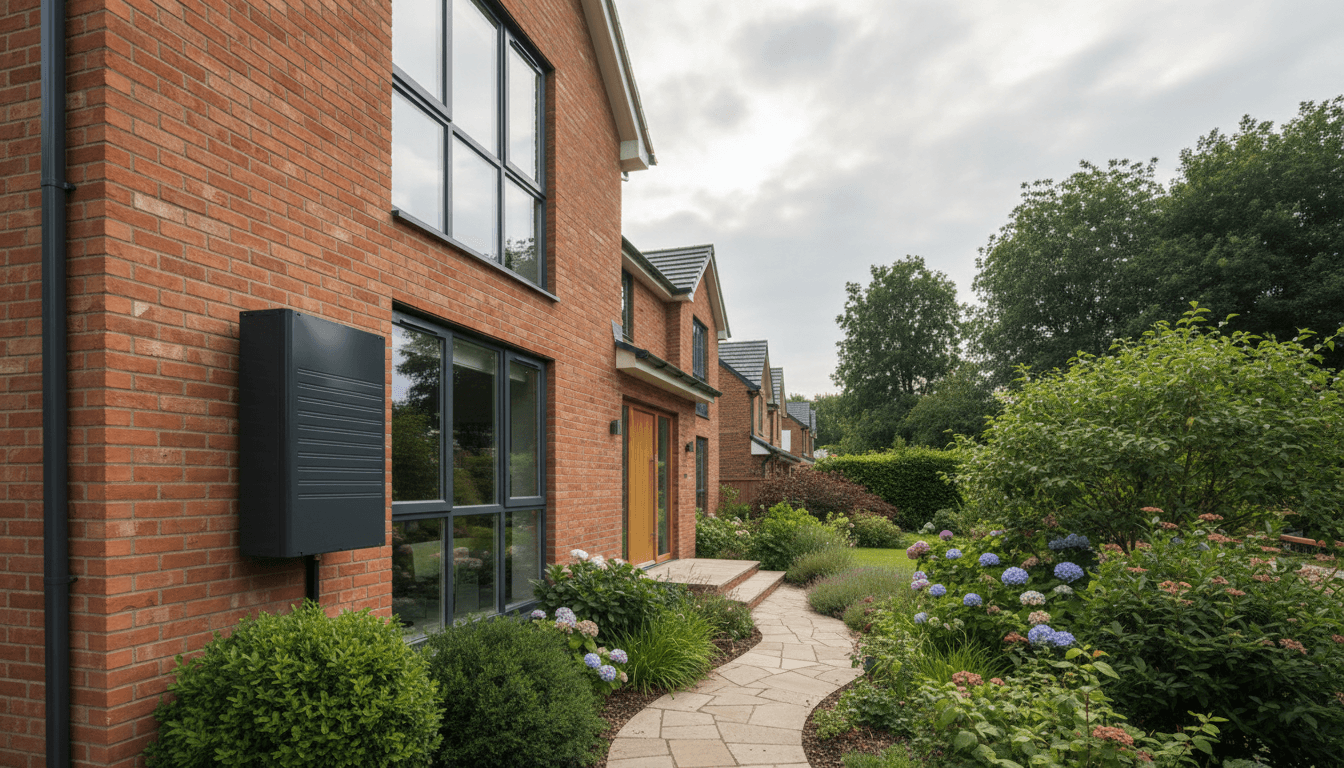 Modern Cheshire home with air-source heat pump installation visible on exterior wall