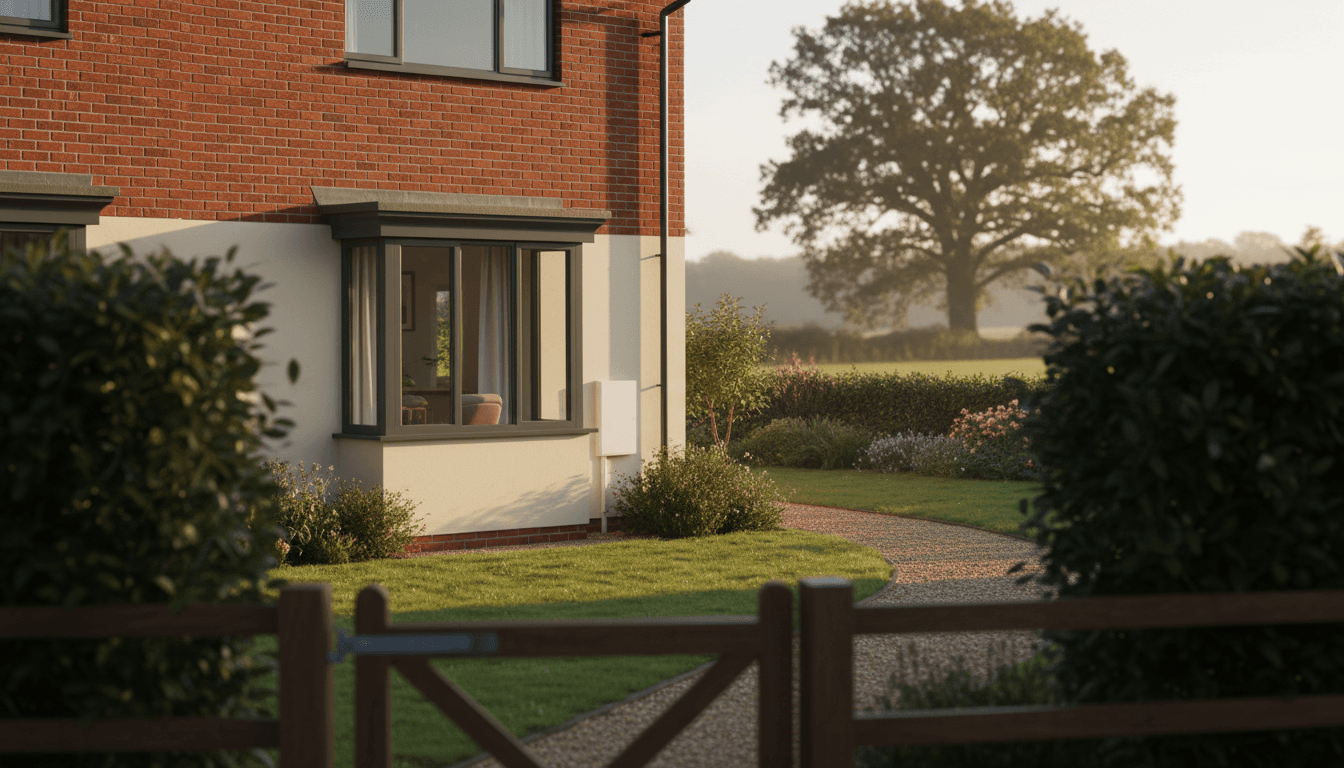 Cheshire home with air-source heat pump mounted on exterior wall, natural daylight