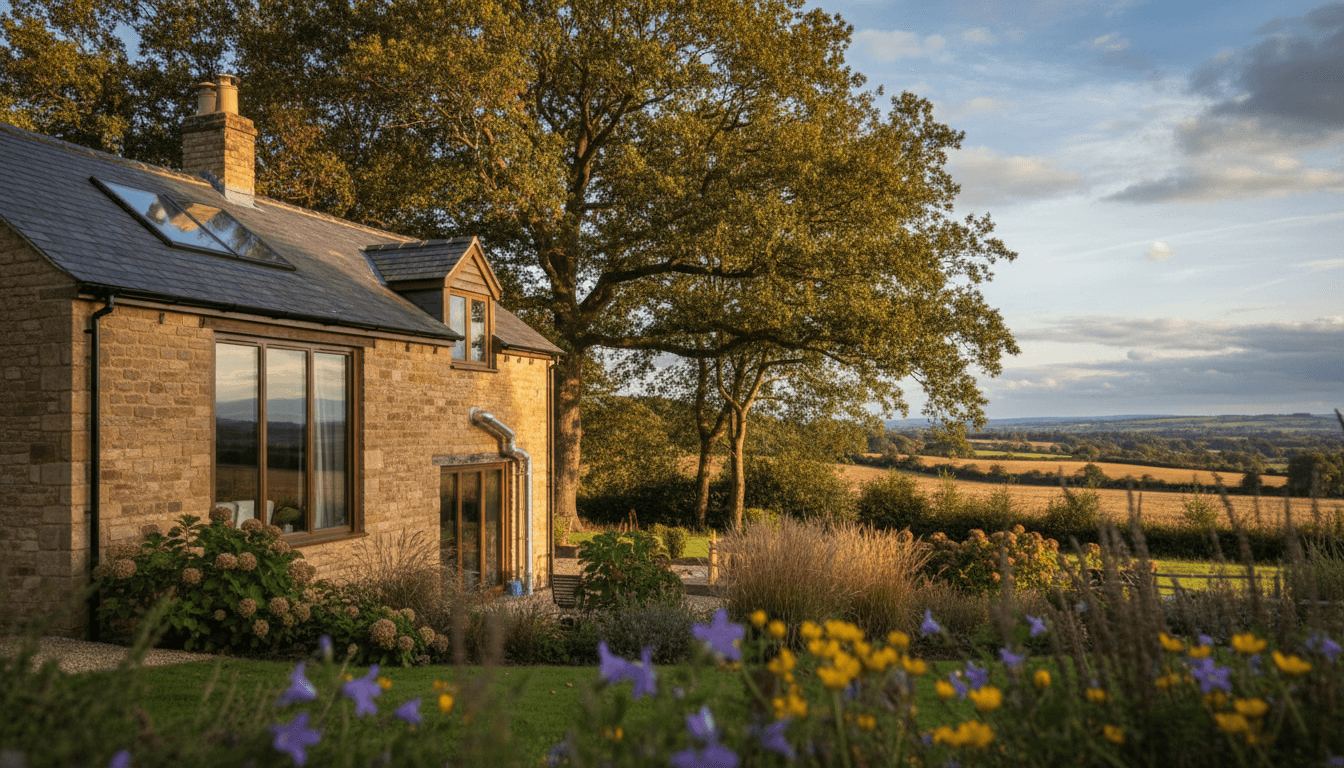 Traditional Cheshire stone cottage with modern energy-efficient upgrades and surrounding countryside landscape